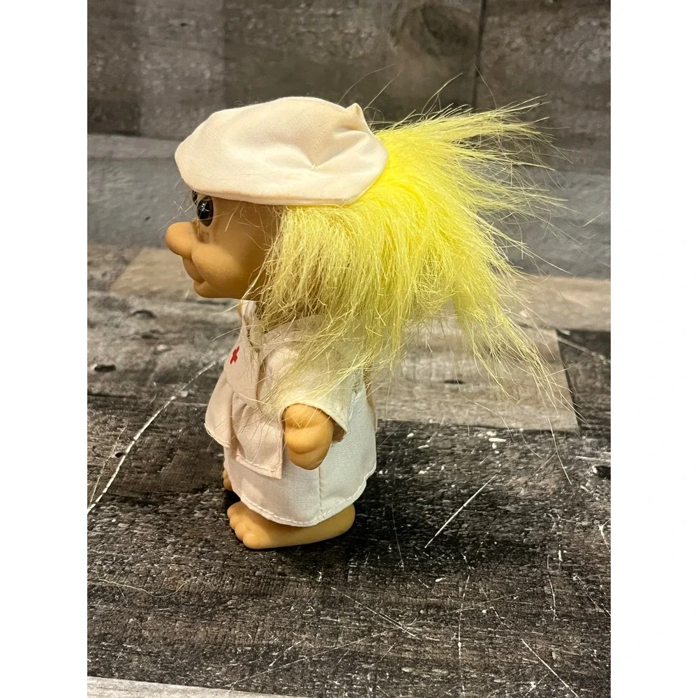 Vintage Russ Berrie Nurse Troll Doll Yellow Hair White Uniform Red Cross 3 Inch